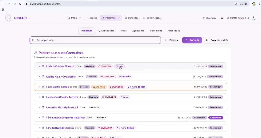 Lista de pacientes do Gest.Life com busca, abas de filtro e status